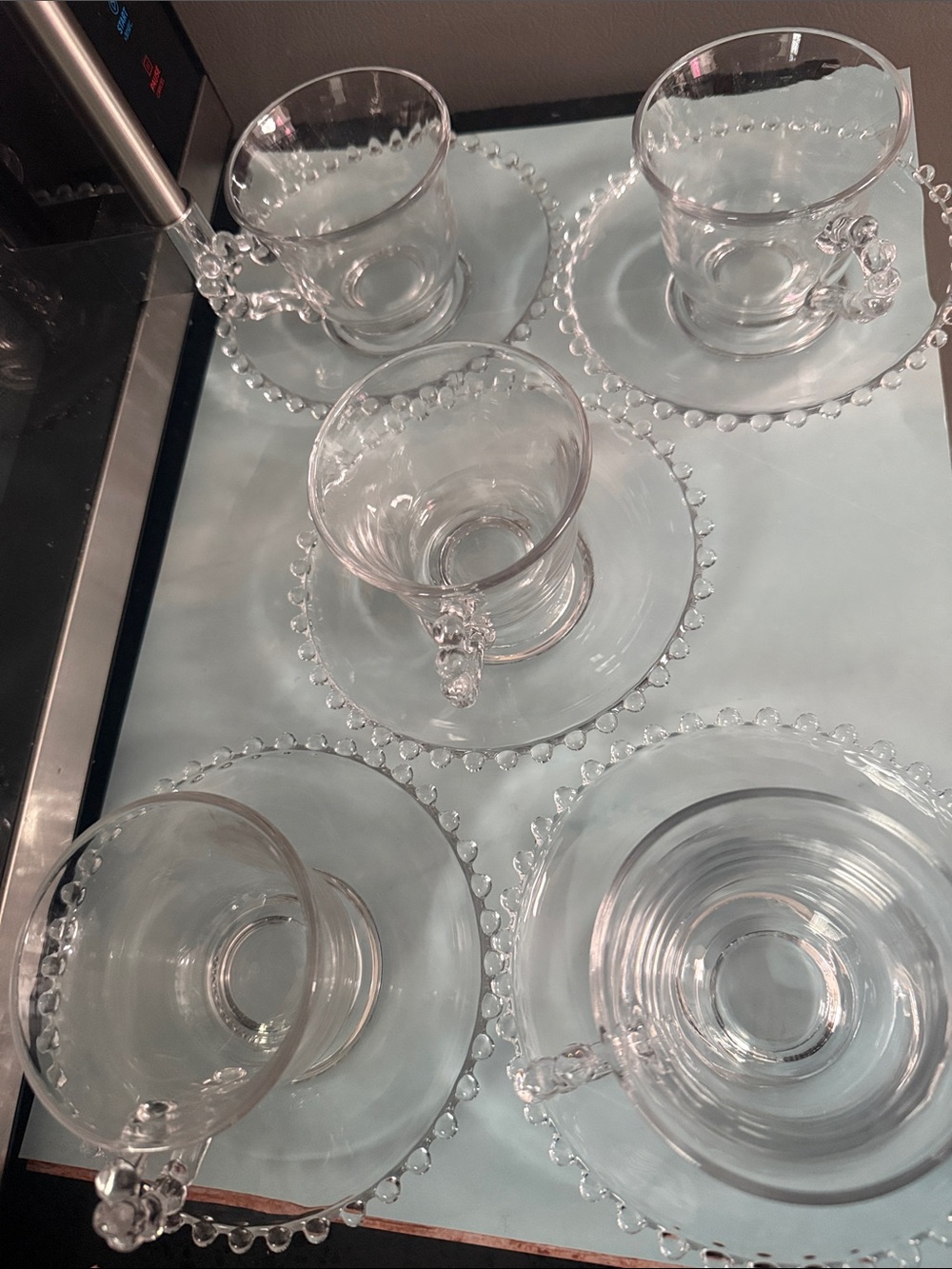 Clear Imperial Glass Teacup and Saucer 5 Sets- Elegant Beaded Edge